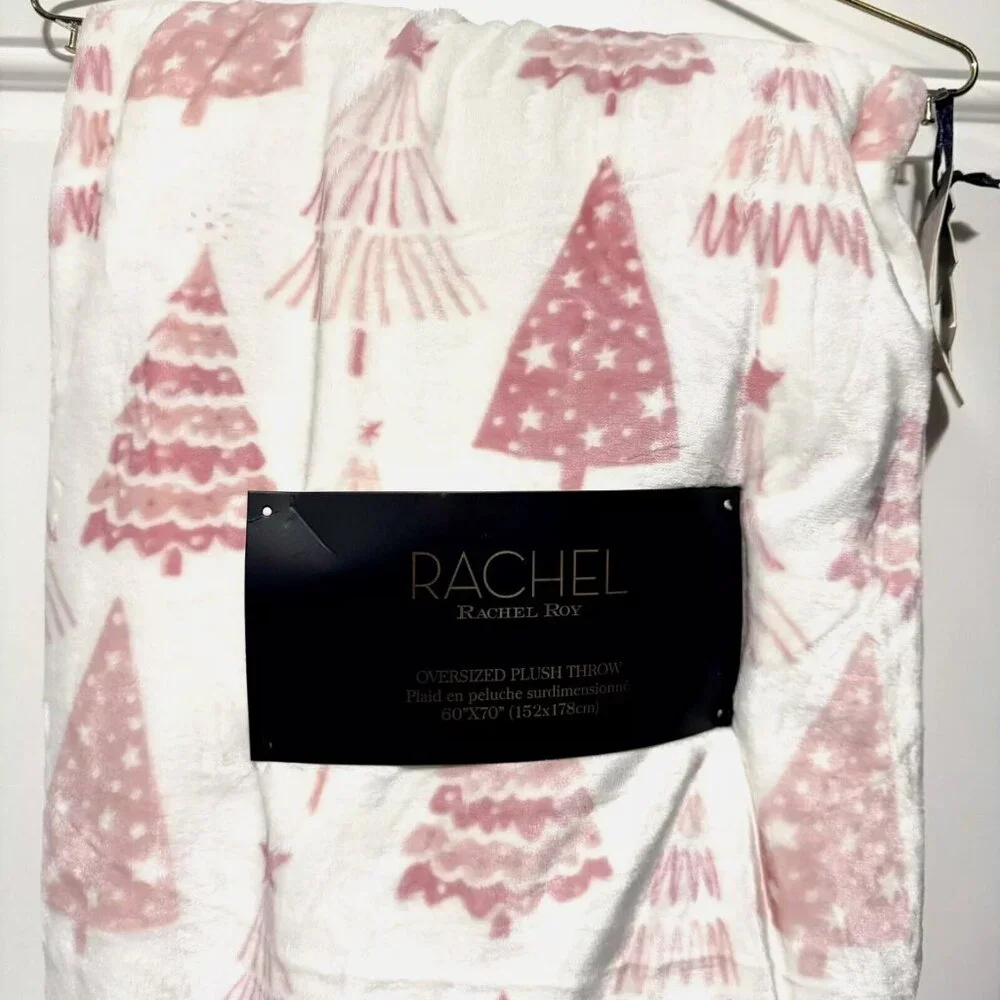 Rachel Roy Pink Modern Christmas Trees Throw Blanket Oversized Microfleece NEW